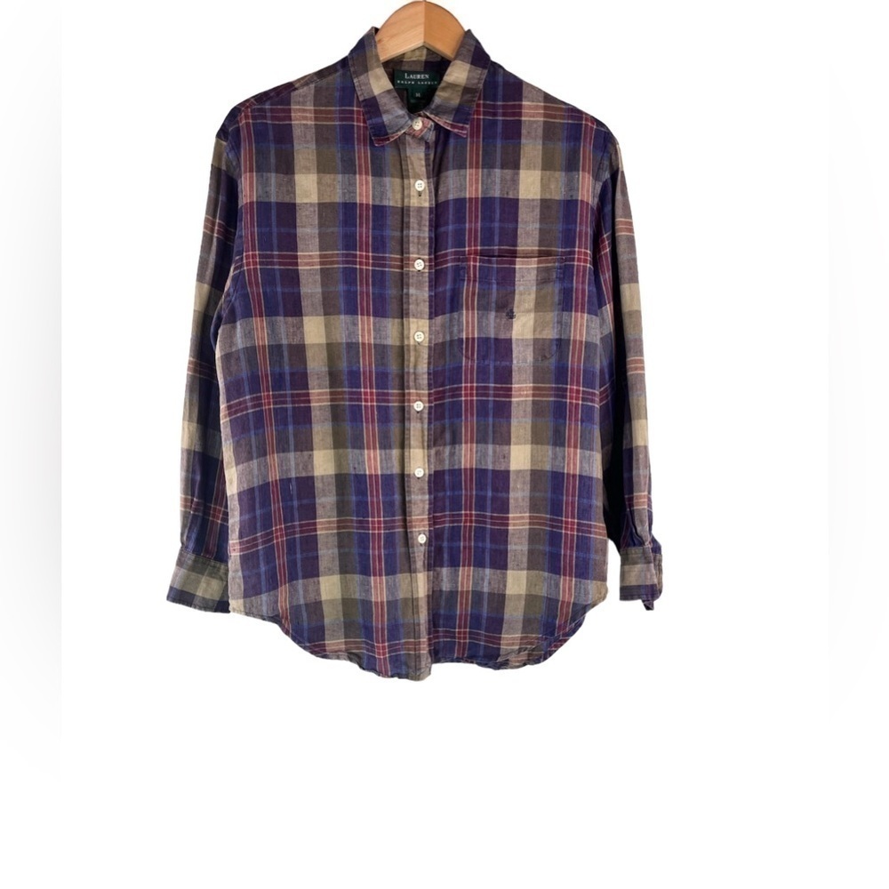 Lauren Ralph Lauren Women Plaid Linen Buttondown Shirt Size M
